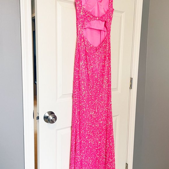 STUNNING PROM HOMECOMING DRESS, Aleta Long Open Back HOT PINK Sequined Lined, 00 - Picture 11 of 12
